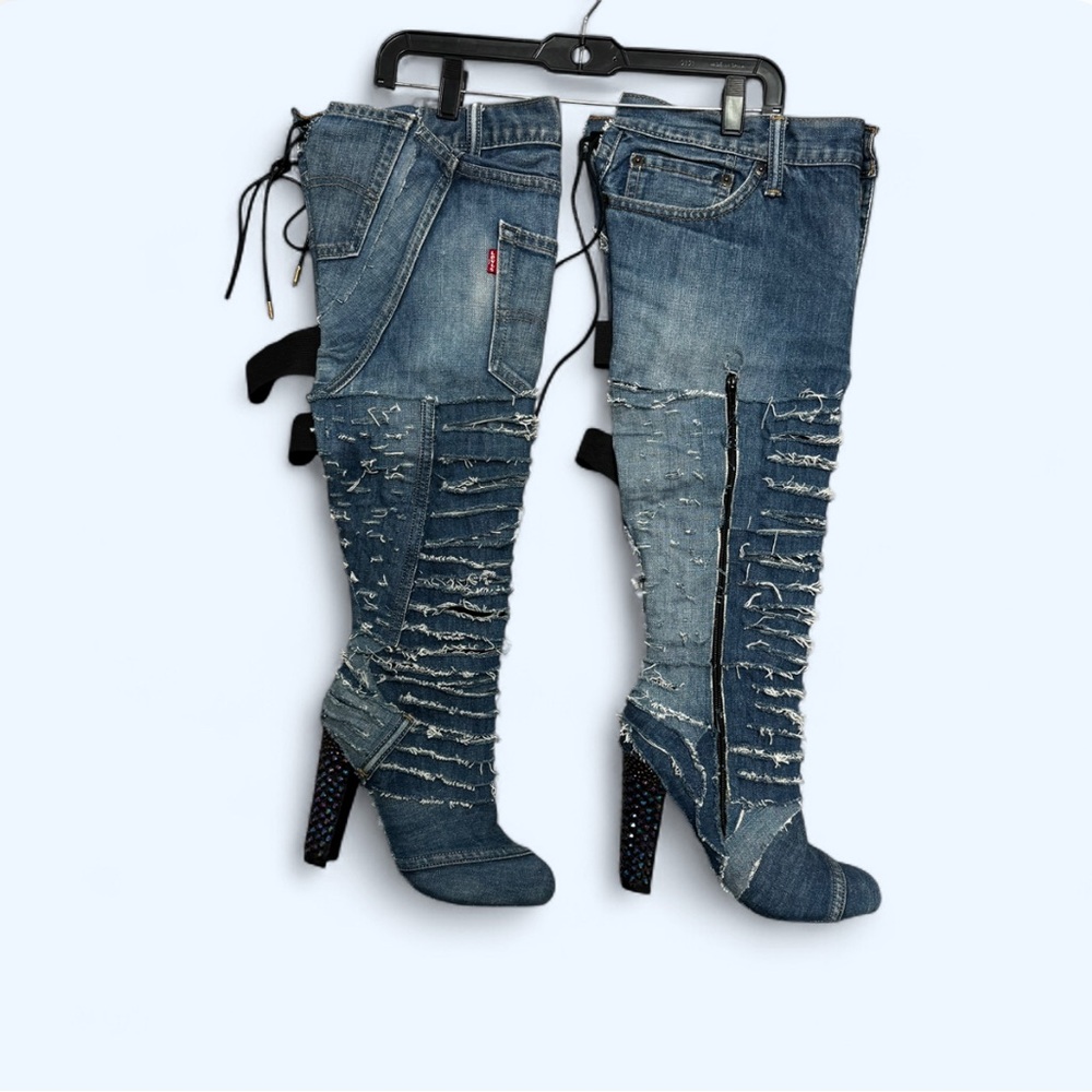 Distressed Levi Denim Thigh High Stiletto Rhinestone Boots Sz 10 Punk Y2K Grunge - Picture 9 of 14